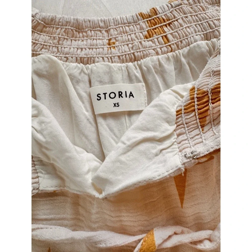 Storia Gold Star Midi Sun Dress Cream Tie Shoulder Smocked Tiered XS Guaze